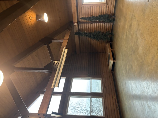 Lodge interior with vaulted ceiling